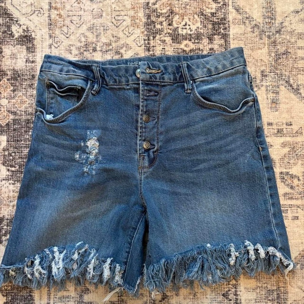 Time and Tru Womens Grunge High Rise Distressed Denim Shorts Blue Size 12
